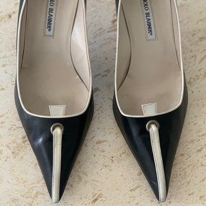 Manolo Blahnik black leather pumps with pointed toe, 3" heels.  Size 11.